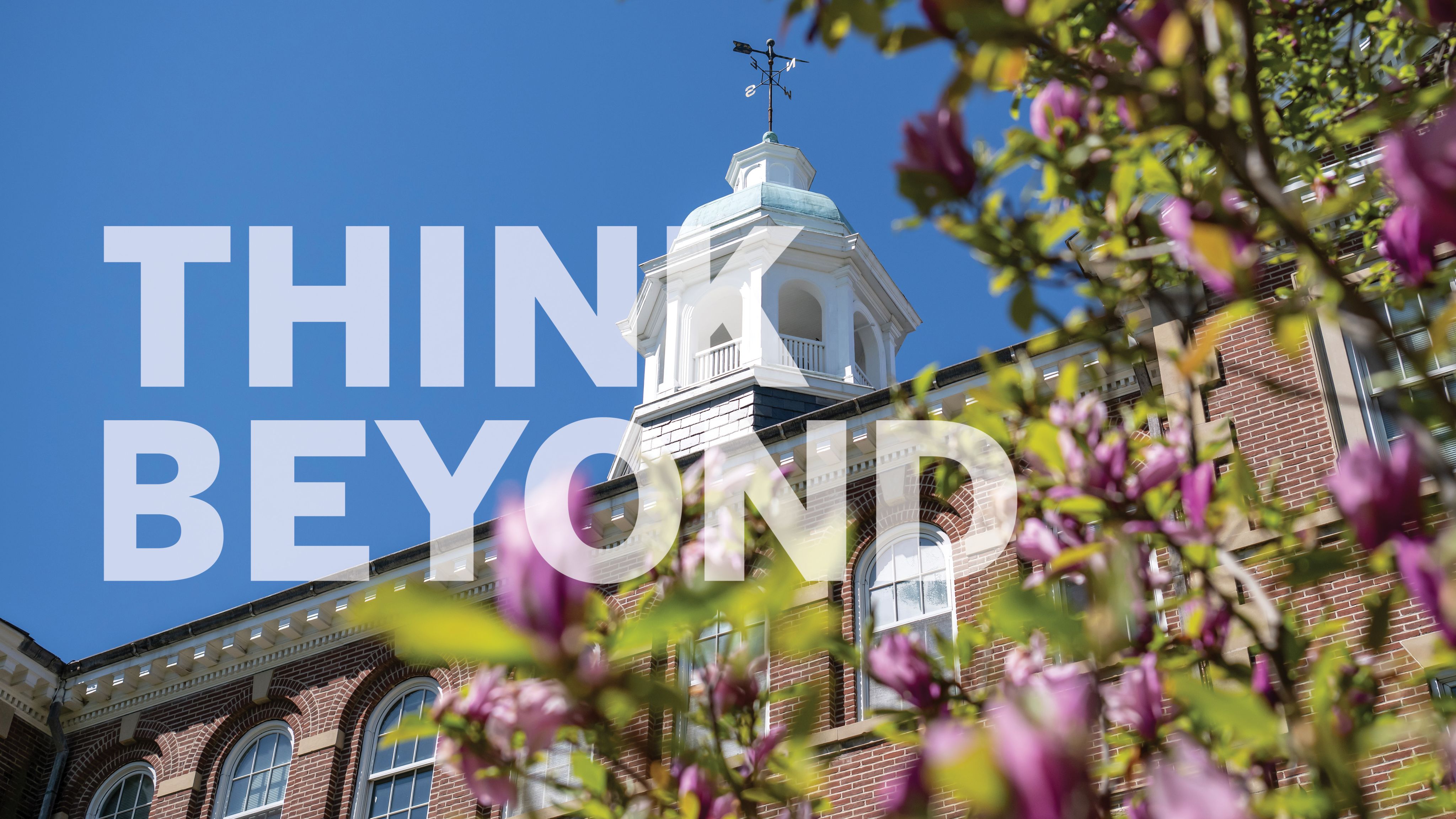 Photo of a building cupola above flowering tree, with the words Think Beyond overlaying the image.