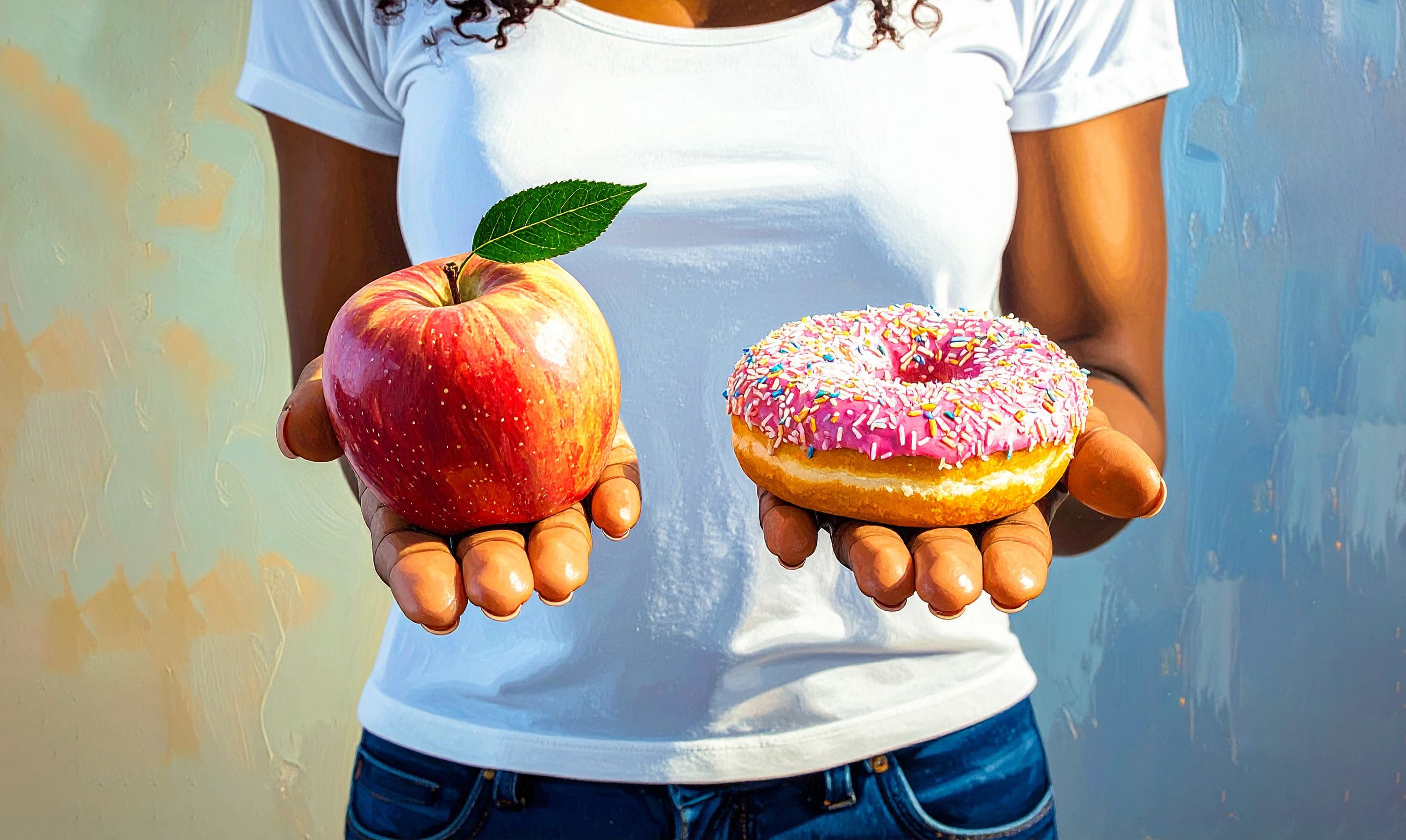 Body of a woman with hands held up with palms up, left hand is holding an apple, right hand is holding a pink frosted sprinkle donut.